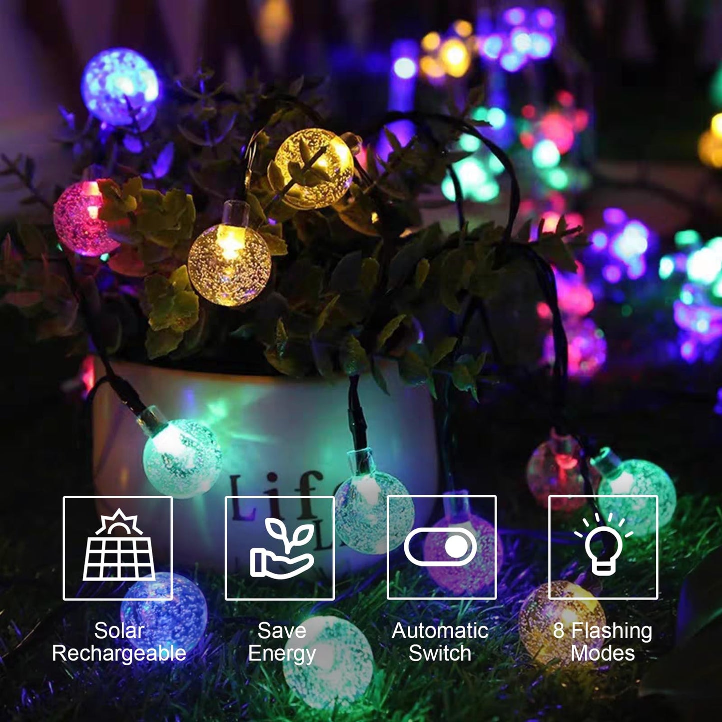 LQWELL® Solar Lichterkette Aussen 5M 15LED 8 Modi für Innen und Aussen Kettenlicht Kristall Kugeln IP44 Wasserdicht Garten Terrasse Balkon Hochzeit Party Fenster (Bunt)