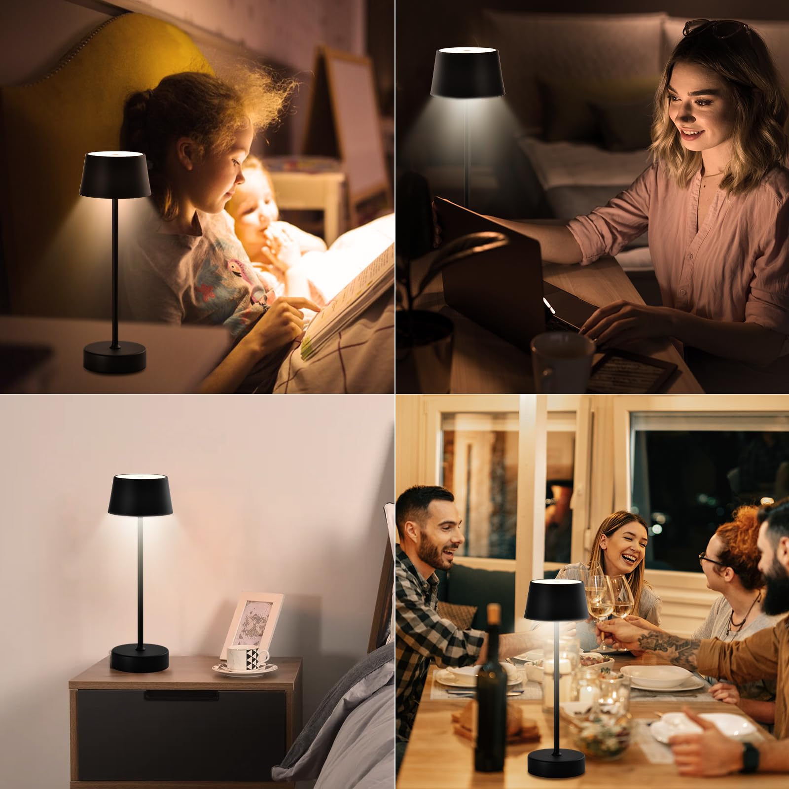 LQWELL® LED Tischlampe Kabellos Akku, Touch Tischleuchte Typ C USB Wiederaufladbar Nachttischlampe Lichtintensität einstellbar für Drinnen Wohnzimmer Schlafzimmer Abendessen Hotel Bar Restaurant