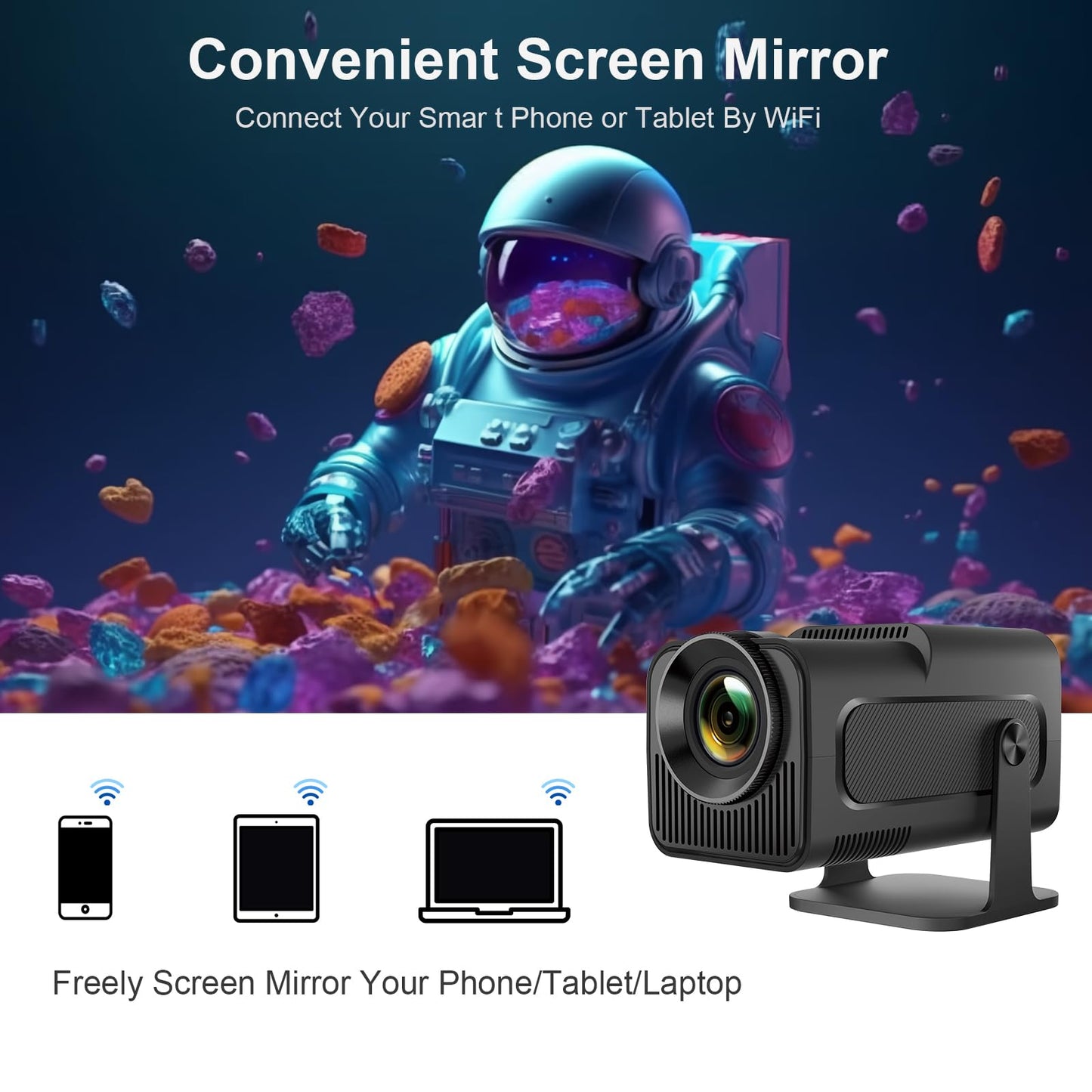 LQWELL Beamer, Mini Projektor, Native 1080P 4K Heimkino Beamer unterstützt 5G WiFi, BT5.0 mit Android OS, Automatische Trapezkorrektur, 220-Grad-Winkel, 135-Zoll-Display für Phone/PC/Lap/Xbox/Stick