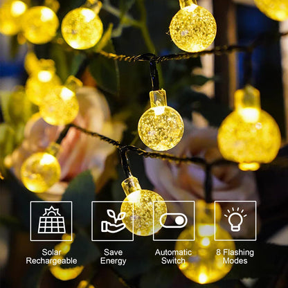 LQWELL® Solar Lichterkette Aussen 5M 15LED 8 Modi für Innen und Aussen Kettenlicht Kristall Kugeln IP44 Wasserdicht Garten Terrasse Balkon Hochzeit Party Fenster (Warmweiß)