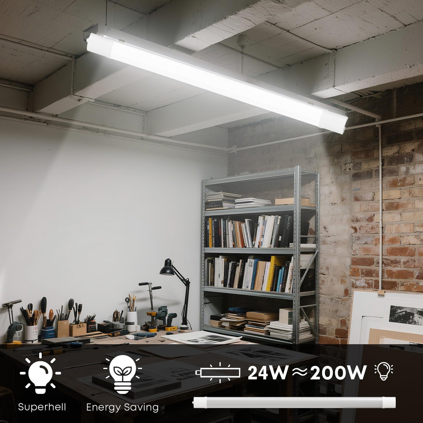 LQWELL LED Feuchtraumleuchte, LED Röhre 120x5.5x3cm IP65 Wasserfest, 24W 2750LM 6500K, Deckenleuchte Lange als Kellerleuchte, Wannenleuchte, Nassraumleuchte, Garagelampe, Werkstattlampe