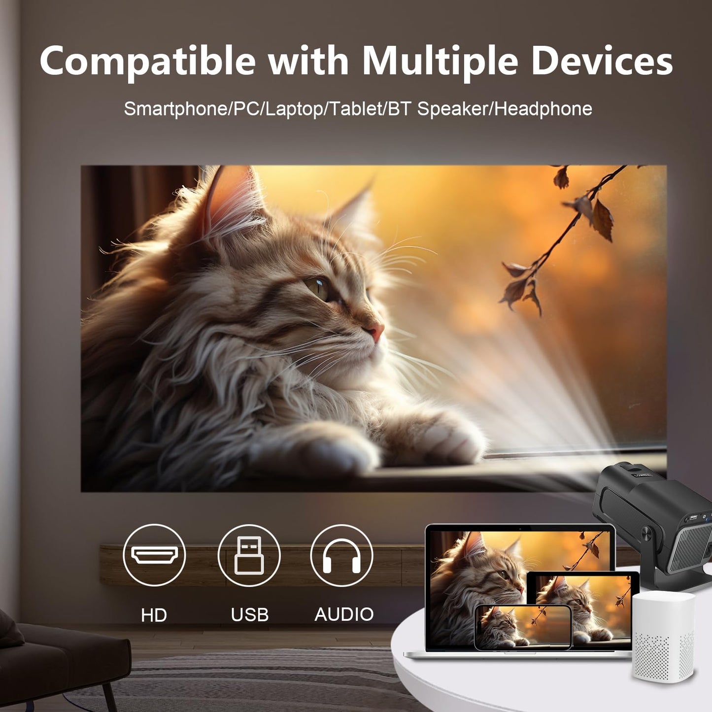 LQWELL Beamer, Mini Projektor, Native 1080P 4K Heimkino Beamer unterstützt 5G WiFi, BT5.0 mit Android OS, Automatische Trapezkorrektur, 220-Grad-Winkel, 135-Zoll-Display für Phone/PC/Lap/Xbox/Stick