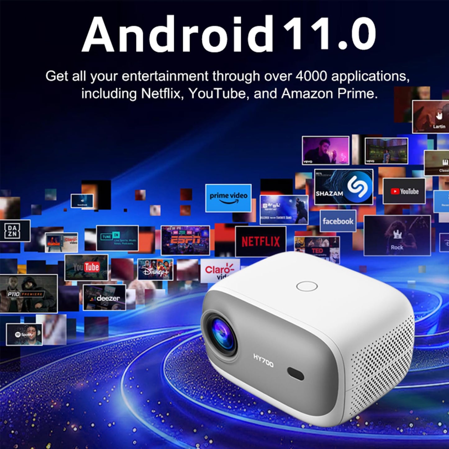 LQWELL® Beamer, HY700 Heimkino Projektor 1080P, unterstützt WiFi 6, BT5.2 mit Android OS, 120 Zoll Display, Motorisierter Fokus, für Phone/PC/Xbox, hdmi, USB