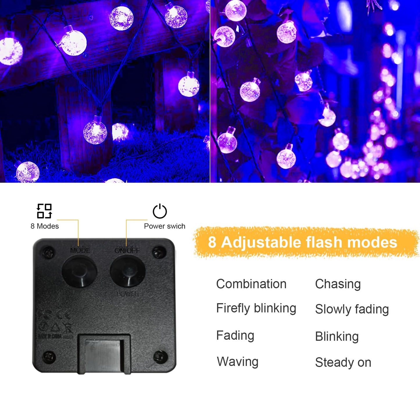 LQWELL® Solar Lichterkette Aussen 5M 15LED 8 Modi für Innen und Aussen Kettenlicht Kristall Kugeln IP44 Wasserdicht Garten Terrasse Balkon Hochzeit Party Fenster (Lila)