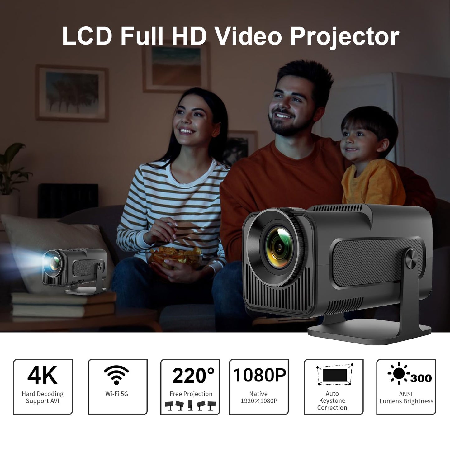 LQWELL Beamer, Mini Projektor, Native 1080P 4K Heimkino Beamer unterstützt 5G WiFi, BT5.0 mit Android OS, Automatische Trapezkorrektur, 220-Grad-Winkel, 135-Zoll-Display für Phone/PC/Lap/Xbox/Stick