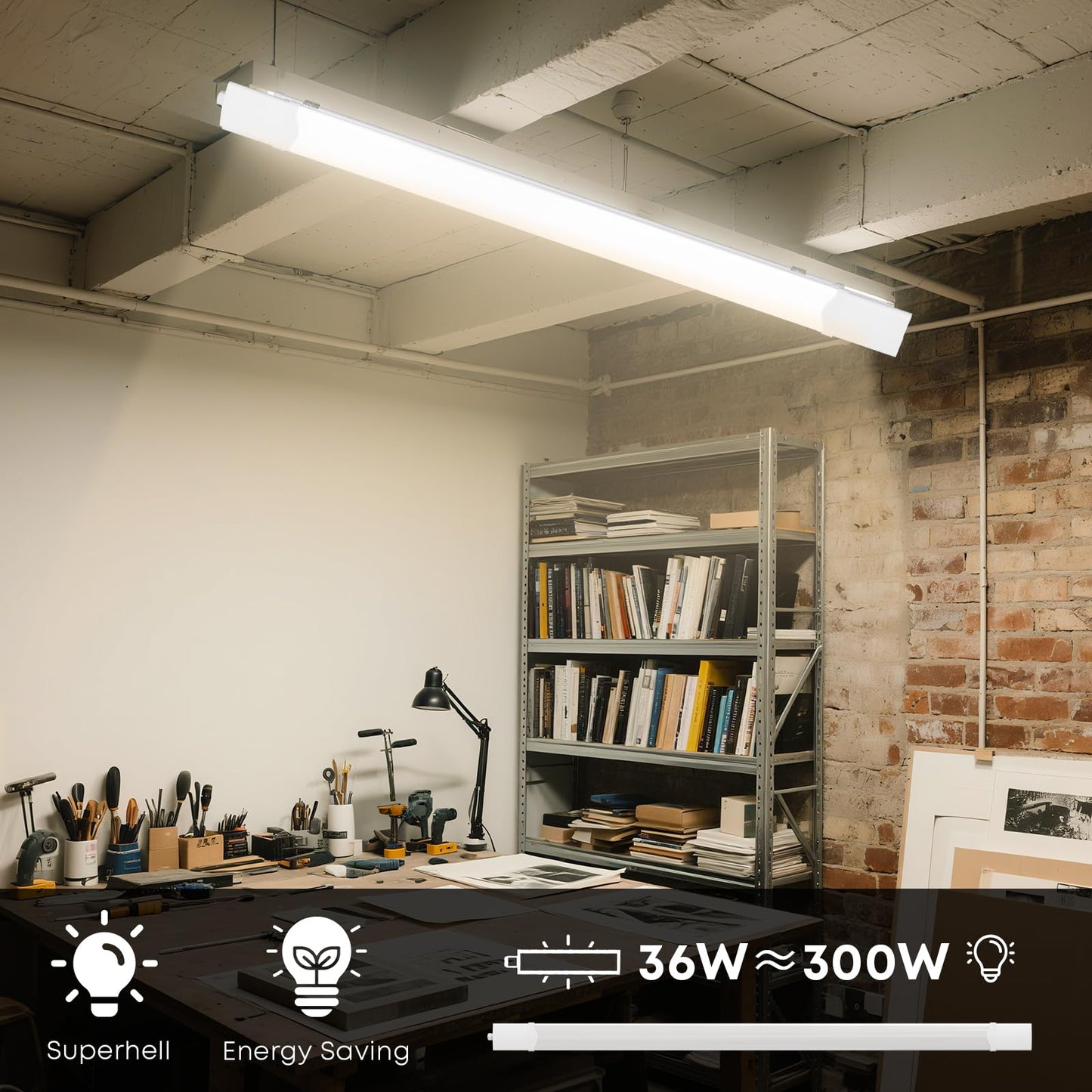 LQWELL LED Feuchtraumleuchte, LED Röhre 120x5.3x3.3cm IP65 Wasserfest, 36W 4050LM 4000K, Deckenleuchte Lange als Kellerleuchte, Wannenleuchte, Nassraumleuchte, Garagelampe, Werkstattlampe