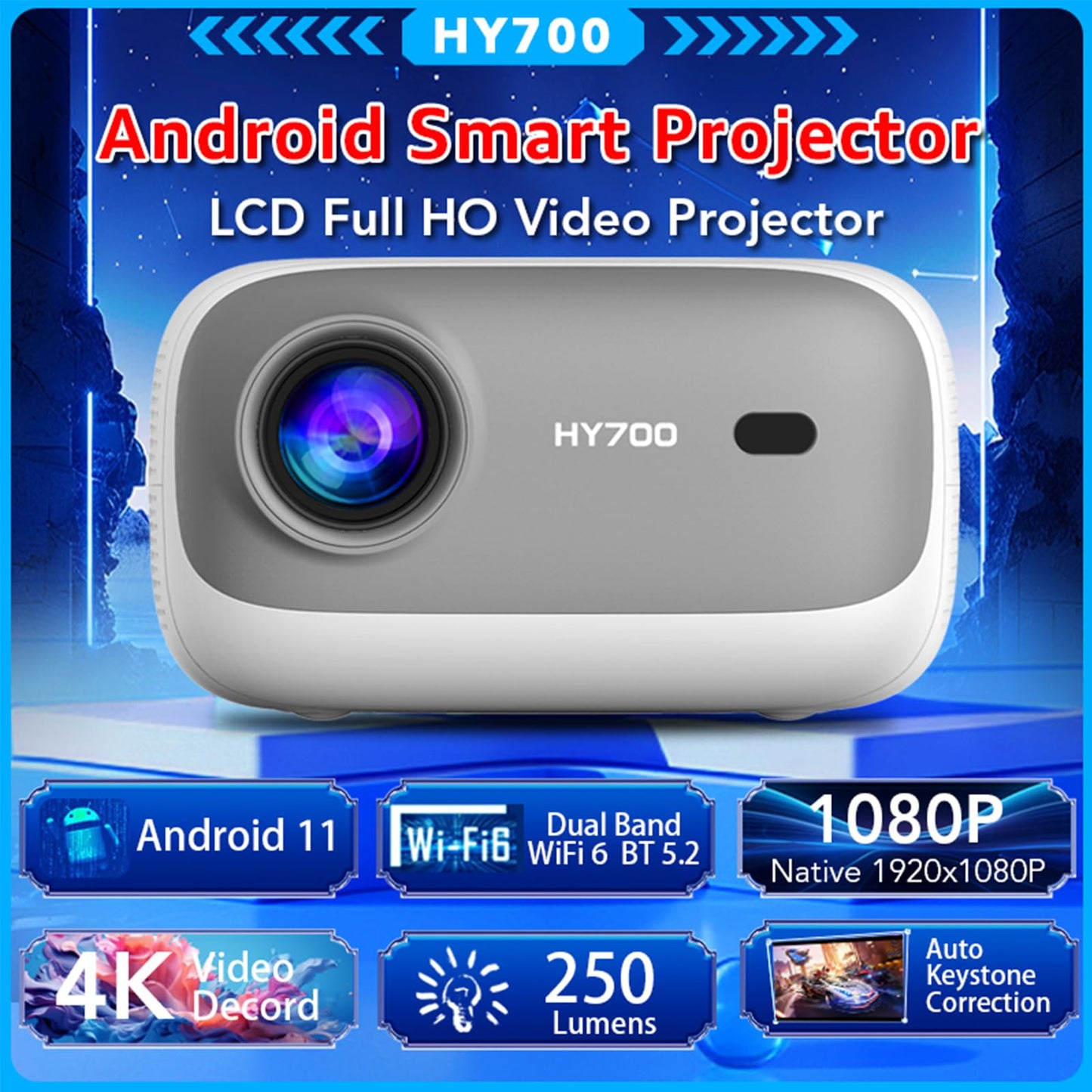 LQWELL® Beamer, HY700 Heimkino Projektor 1080P, unterstützt WiFi 6, BT5.2 mit Android OS, 120 Zoll Display, Motorisierter Fokus, für Phone/PC/Xbox, hdmi, USB