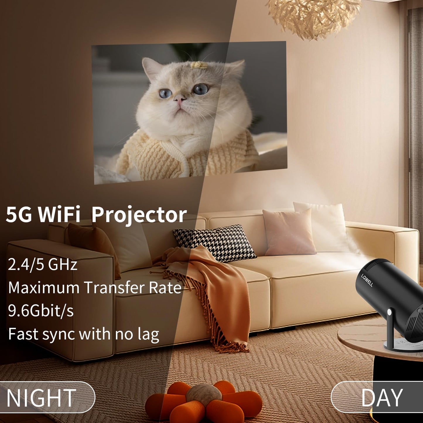 LQWELL® Beamer, Mini Projektor, unterstützt 5G WiFi, BT5.0 mit Android OS, Auto Trapezkorrektur, 220-Grad-Winkel, 130-Zoll-Display für Phone/PC/Xbox, 4K Heimkino, hdmi, Schwarz, 2024 Upgrade