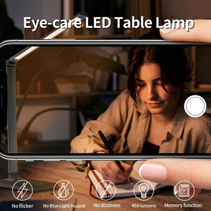 LQWELL® LED Desk Lamp Dimmable Metal Material, 5 Colors and 10 Brightness Levels, Eye-Caring Bedside Lamp with USB Charging, Touch Control and Memory Function for Kids, Office