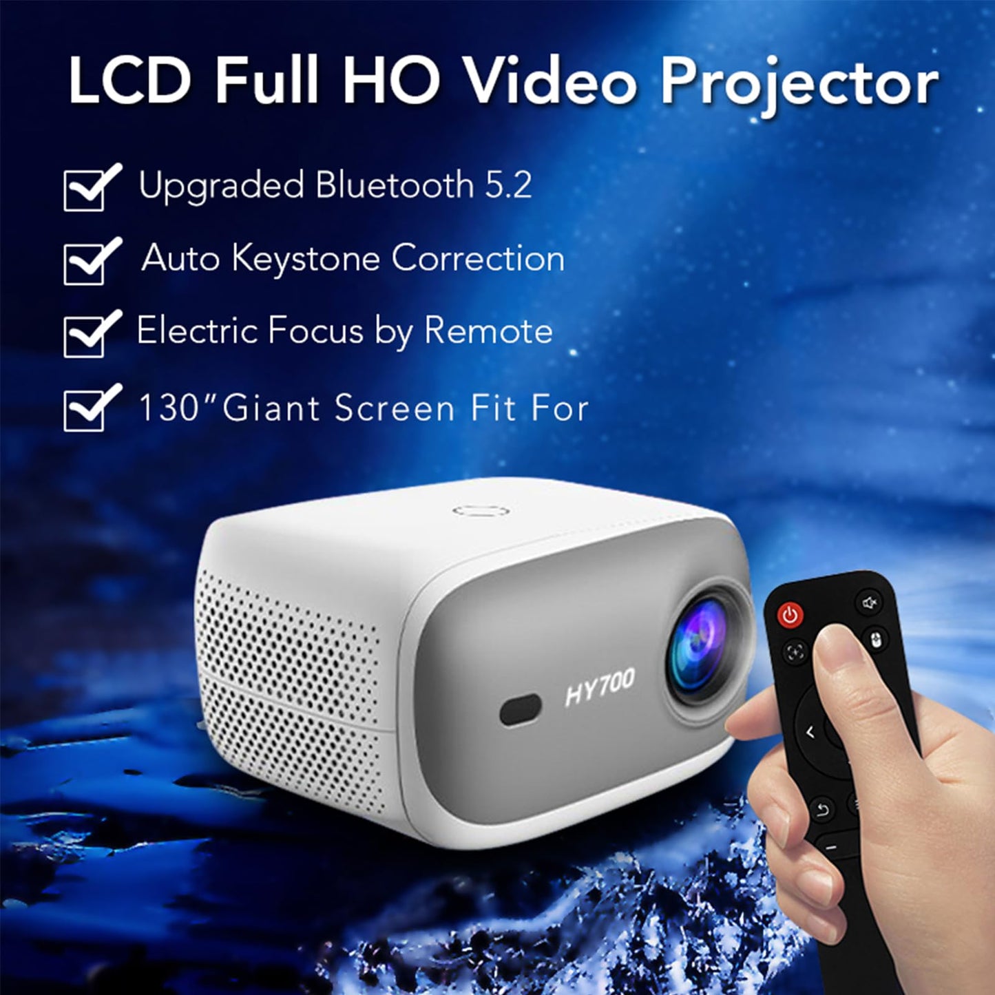 LQWELL® Beamer, HY700 Heimkino Projektor 1080P, unterstützt WiFi 6, BT5.2 mit Android OS, 120 Zoll Display, Motorisierter Fokus, für Phone/PC/Xbox, hdmi, USB
