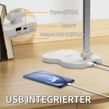 LQWELL® Doppelkopf-Schreibtischlampe LED Dimmbar, Doppelschwingarm-LED-Tischlampe 5 Farben und 10 Helligkeitsstufen Augenfreundliche Leselampe mit USB-Aufladung Touch-Steuerung & Memory Timer