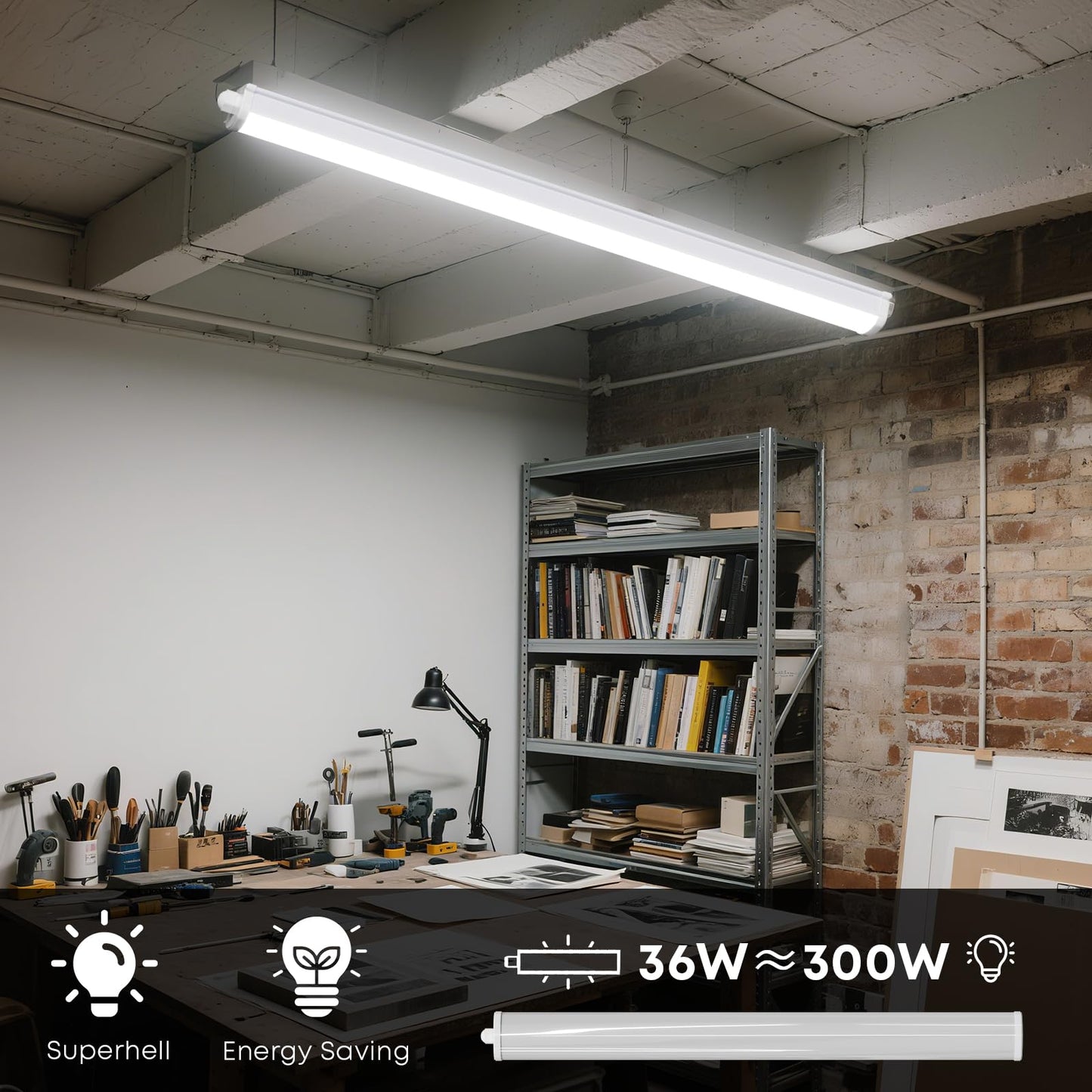 LQWELL LED Feuchtraumleuchte, LED Röhre 120x6.8x5cm IP65 Wasserfest, 36W 4050LM 4000K, Deckenleuchte Lange als Kellerleuchte, Wannenleuchte, Nassraumleuchte, Garagelampe, Werkstattlampe