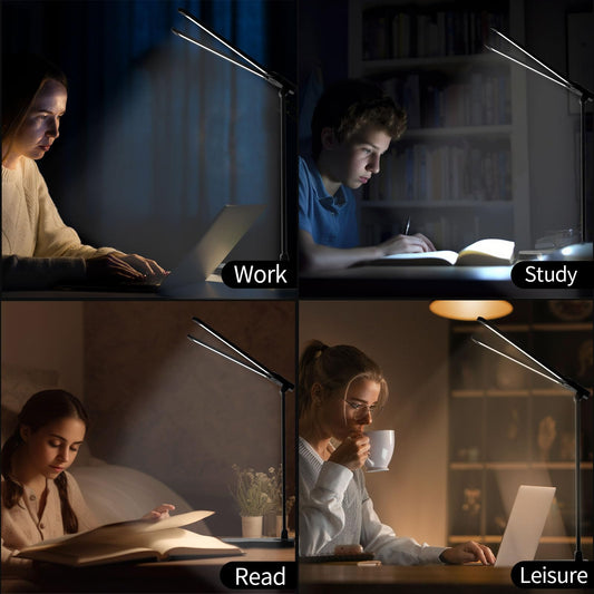LQWELL® Dual Head Desk Lamp LED Dimmable, Dual Swing Arm LED Table Lamp 5 Colors and 10 Brightness Levels Eye-Caring Reading Lamp with USB Charging Touch Control & Memory Timer