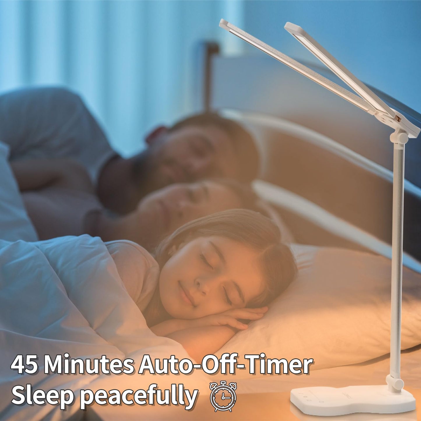 LQWELL® Doppelkopf-Schreibtischlampe LED Dimmbar, Doppelschwingarm-LED-Tischlampe 5 Farben und 10 Helligkeitsstufen Augenfreundliche Leselampe mit USB-Aufladung Touch-Steuerung & Memory Timer