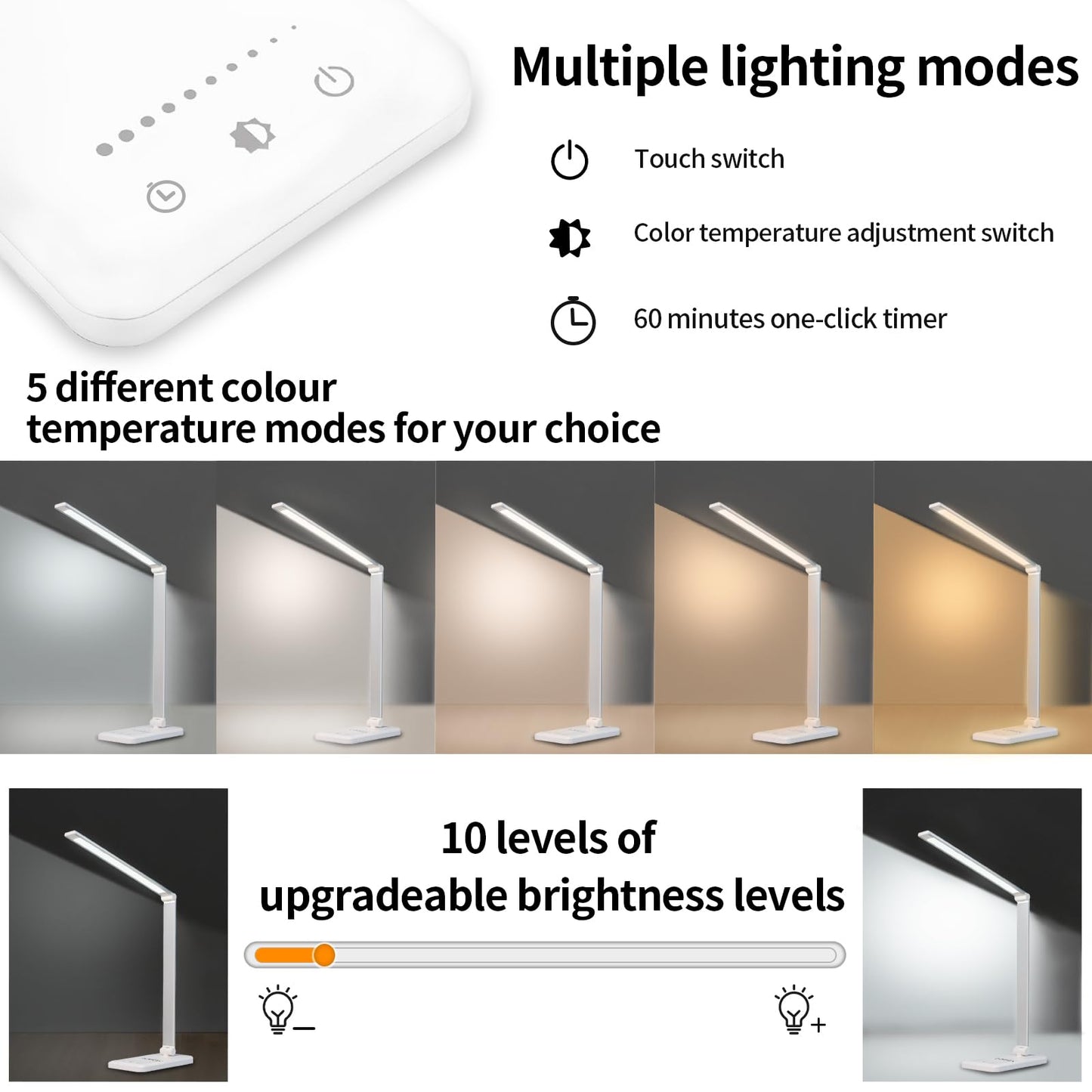 LQWELL® LED Schreibtischlampe Dimmbar Metallmaterial, 5 Farben und 10 Helligkeitsstufen, Augenfreundliche Nachttischlampe mit USB-Aufladung, Touch-Steuerung und Memory-Funktion für Kinder, Büro