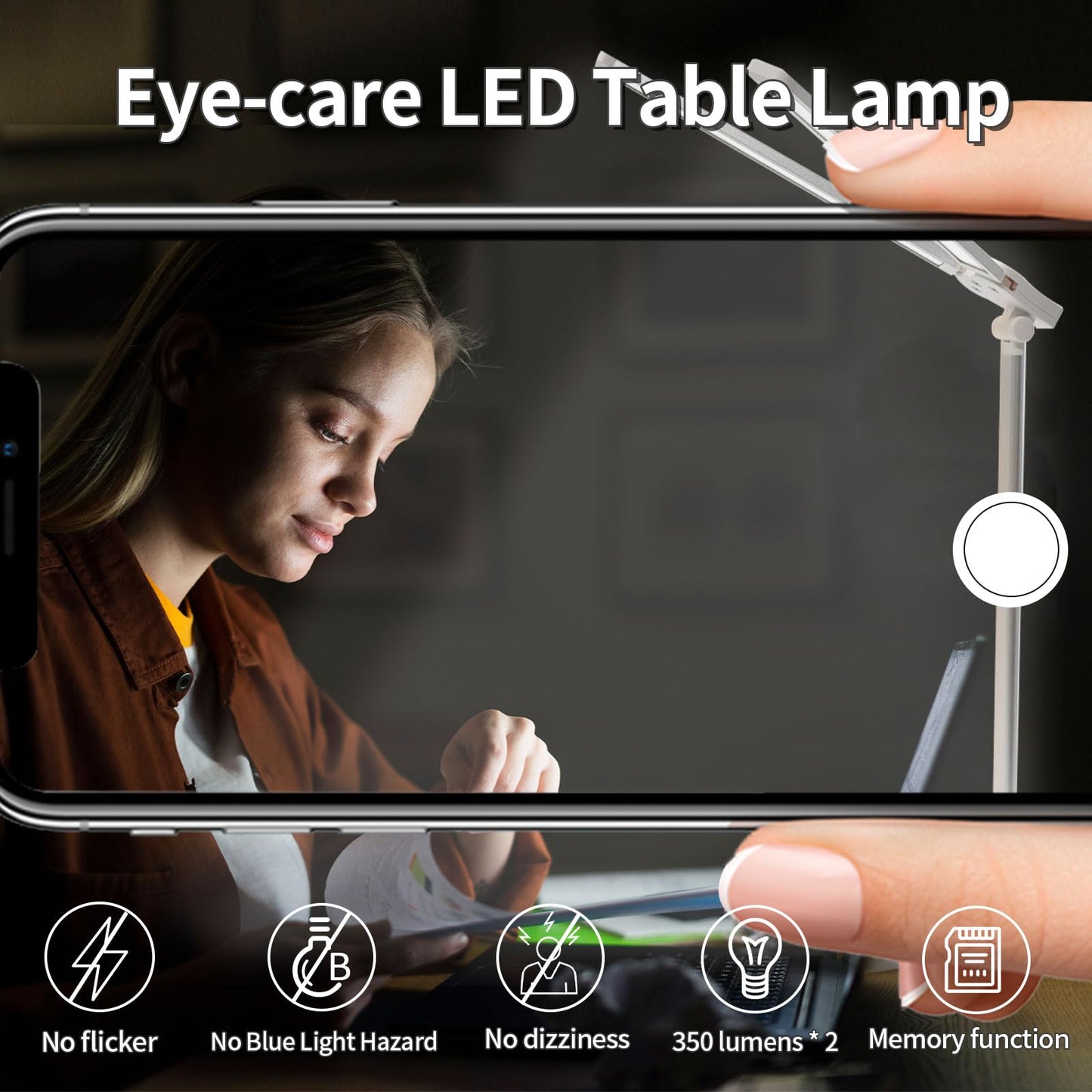 LQWELL® Doppelkopf-Schreibtischlampe LED Dimmbar, Doppelschwingarm-LED-Tischlampe 5 Farben und 10 Helligkeitsstufen Augenfreundliche Leselampe mit USB-Aufladung Touch-Steuerung & Memory Timer