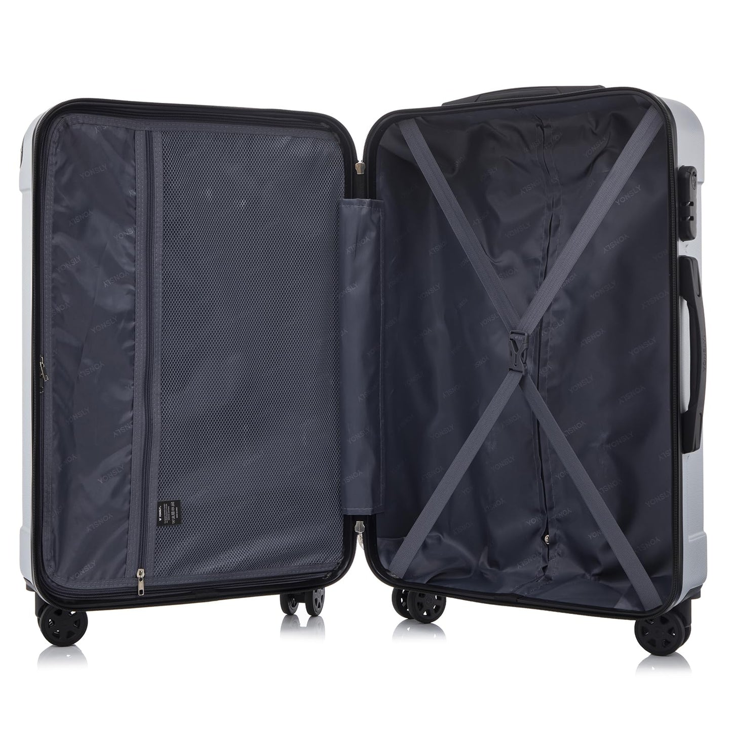 yonsly Koffer Suitcase L Silber, Trolley Reisekoffer, Rollkoffer Handgepäck mit 4 Rollen 360°, ABS Hartschalen, Sicherheitsschloss, Weicher Gummigriff, 210D-Futter