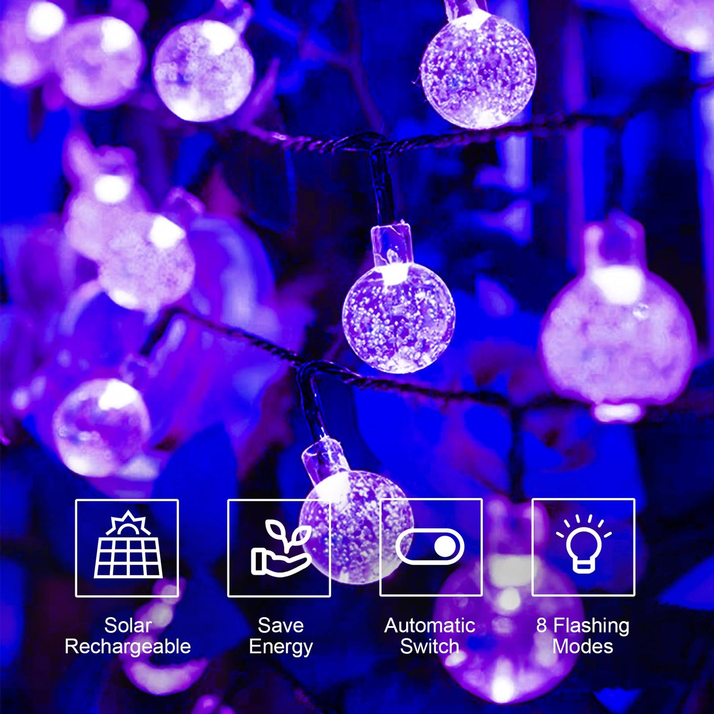 LQWELL® Solar Lichterkette Aussen 5M 15LED 8 Modi für Innen und Aussen Kettenlicht Kristall Kugeln IP44 Wasserdicht Garten Terrasse Balkon Hochzeit Party Fenster (Lila)