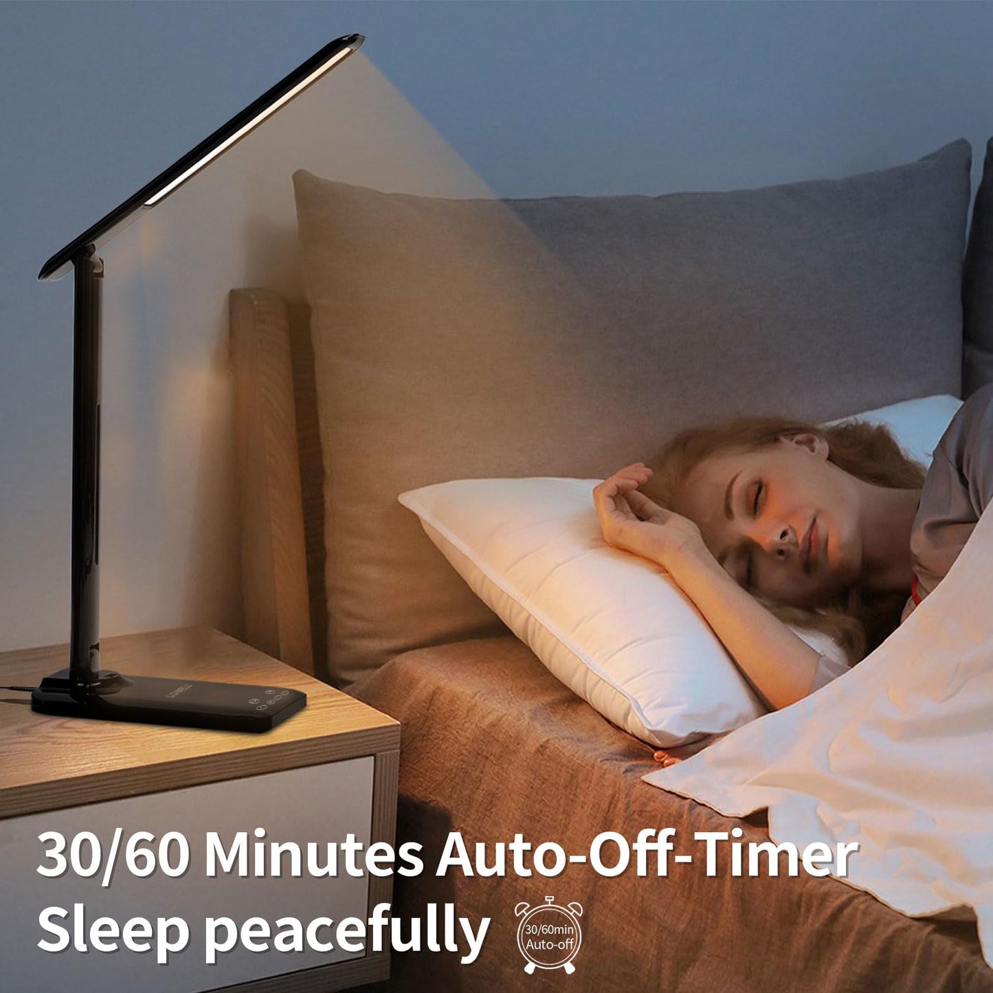LQWELL® Desk Lamp LED, 3 Color Temperature Modes and 9 Brightness Levels Flicker-Free Eye Protection Bedside Lamp USB Charging Touch Control and Memory Function for Offices Bedrooms