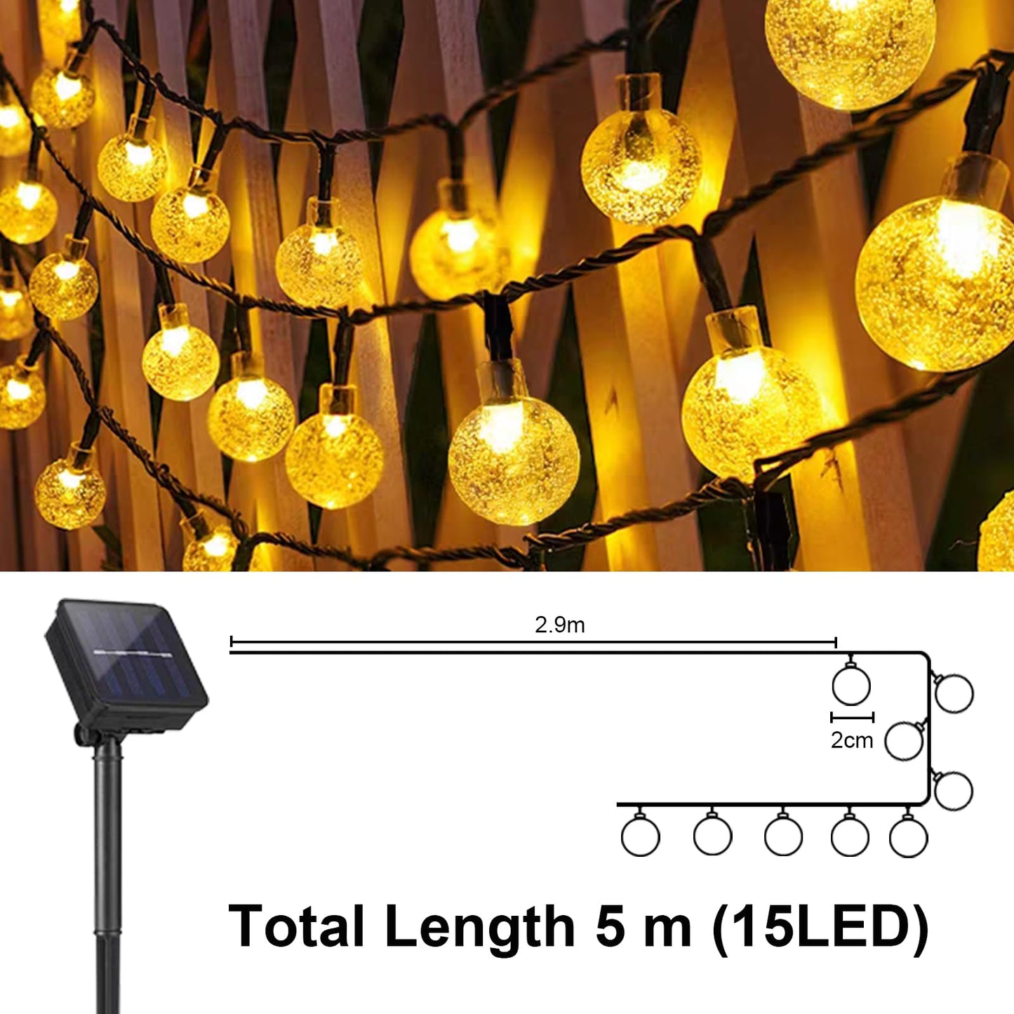 LQWELL® Solar Lichterkette Aussen 5M 15LED 8 Modi für Innen und Aussen Kettenlicht Kristall Kugeln IP44 Wasserdicht Garten Terrasse Balkon Hochzeit Party Fenster (Warmweiß)