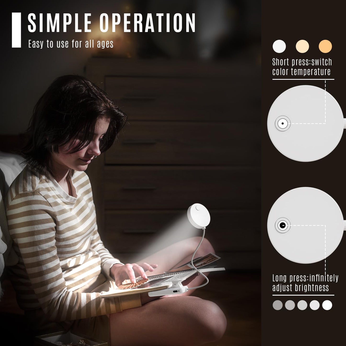 LQWELL® 1x Leselampe Buch Klemme im Bett, USB Wiederaufladbare Leselicht mit 3 Farbtemperaturen, 10 Helligkeitsstufen & Stufenloses Dimmen, 360° Flexibel Buchlampe für Kinder, Buchliebhaber, Weiss