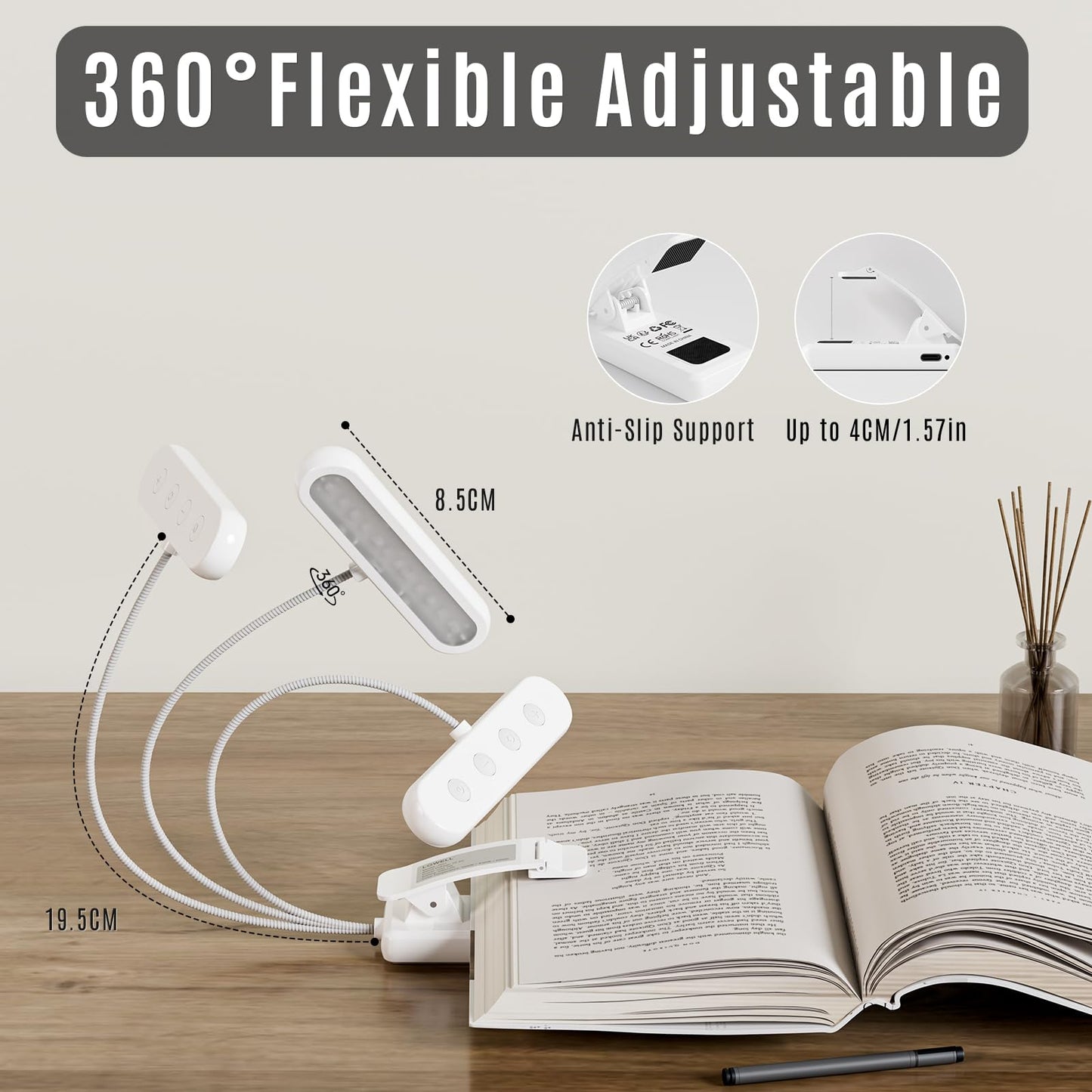 LQWELL®3× Nachttisch-Leselampe, wiederaufladbare USB-Leselampe, 3 Farbtemperaturen, 10 Helligkeitsstufen, stufenlos dimmbar, 360° flexibles Buchlicht für Kinder und Buchliebhaber (Weiß, 3 Stück)