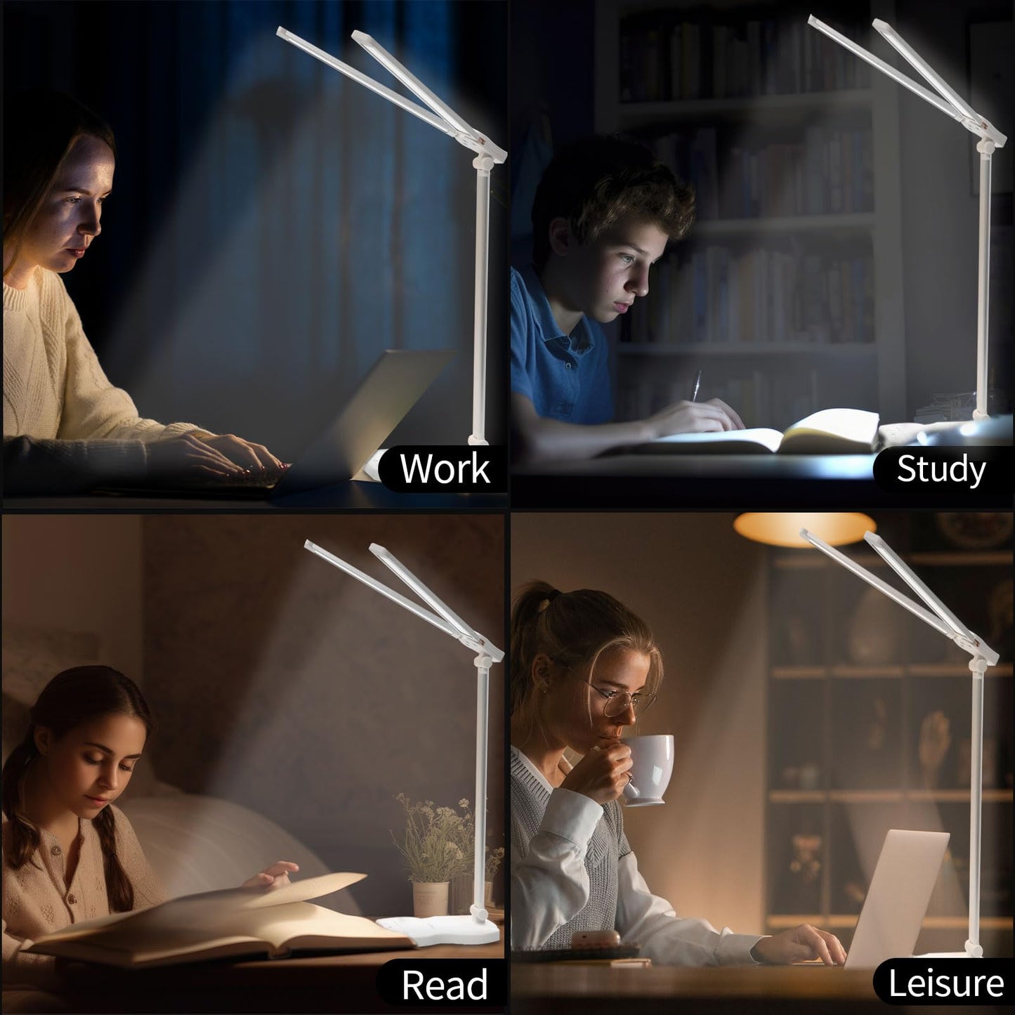LQWELL® Doppelkopf-Schreibtischlampe LED Dimmbar, Doppelschwingarm-LED-Tischlampe 5 Farben und 10 Helligkeitsstufen Augenfreundliche Leselampe mit USB-Aufladung Touch-Steuerung & Memory Timer