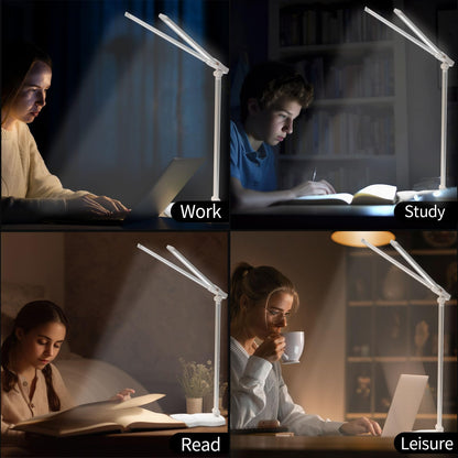 LQWELL® Doppelkopf-Schreibtischlampe LED Dimmbar, Doppelschwingarm-LED-Tischlampe 5 Farben und 10 Helligkeitsstufen Augenfreundliche Leselampe mit USB-Aufladung Touch-Steuerung & Memory Timer