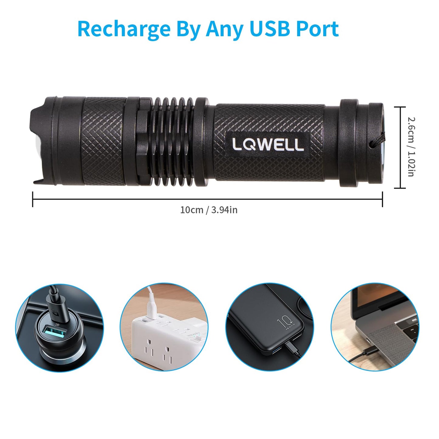 LQWELL® Mini Taschenlampe LED USB C Aufladbar, Zoombares Taschenlampen Klein mit 3 Lichtmodi, Tragbare Hand Flashlight für Camping, Wandern, Notfäll, Laufen, Radfahren, Nachtlesen