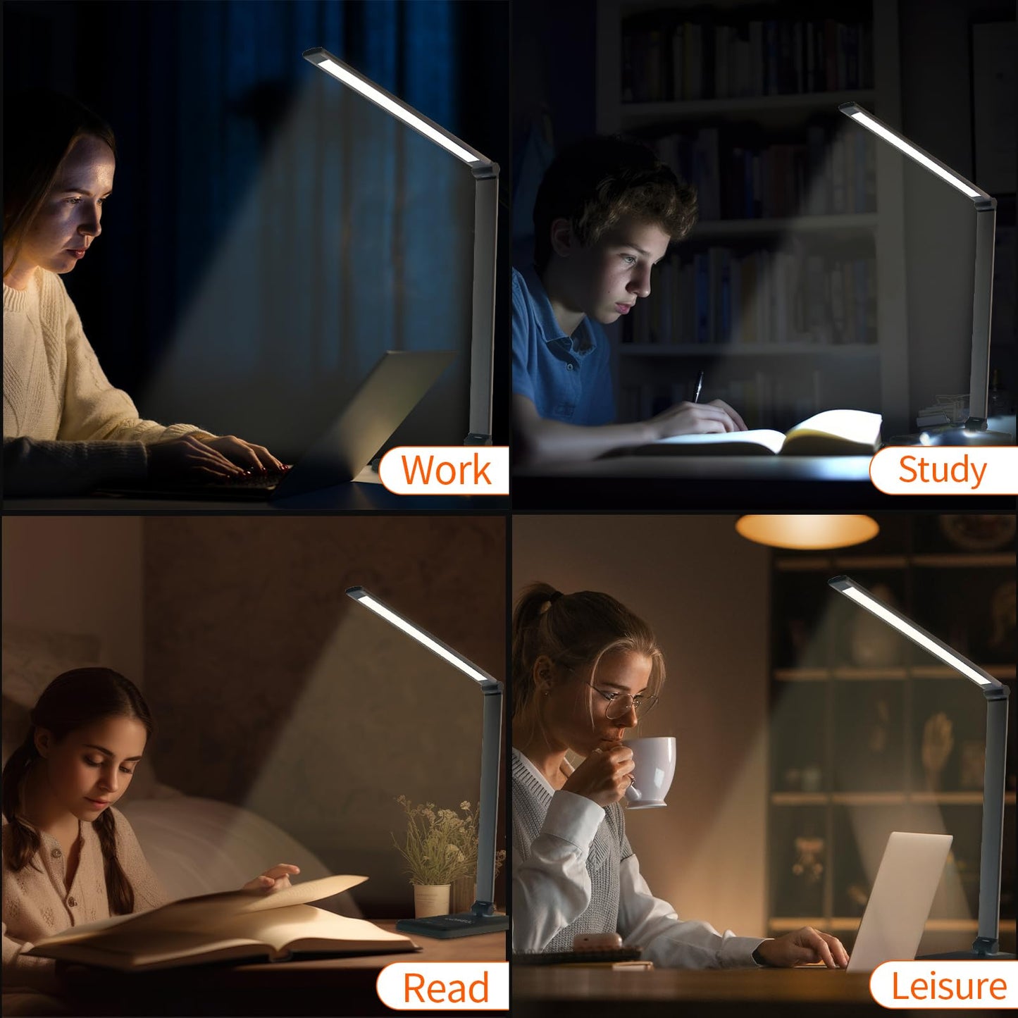 LQWELL® LED Schreibtischlampe Dimmbar Metallmaterial, 5 Farben und 10 Helligkeitsstufen, Augenfreundliche Nachttischlampe mit USB-Aufladung, Touch-Steuerung und Memory-Funktion für Kinder, Büro