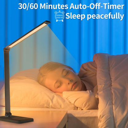 LQWELL® LED Desk Lamp Dimmable Metal Material, 5 Colors and 10 Brightness Levels, Eye-Caring Bedside Lamp with USB Charging, Touch Control and Memory Function for Kids, Office