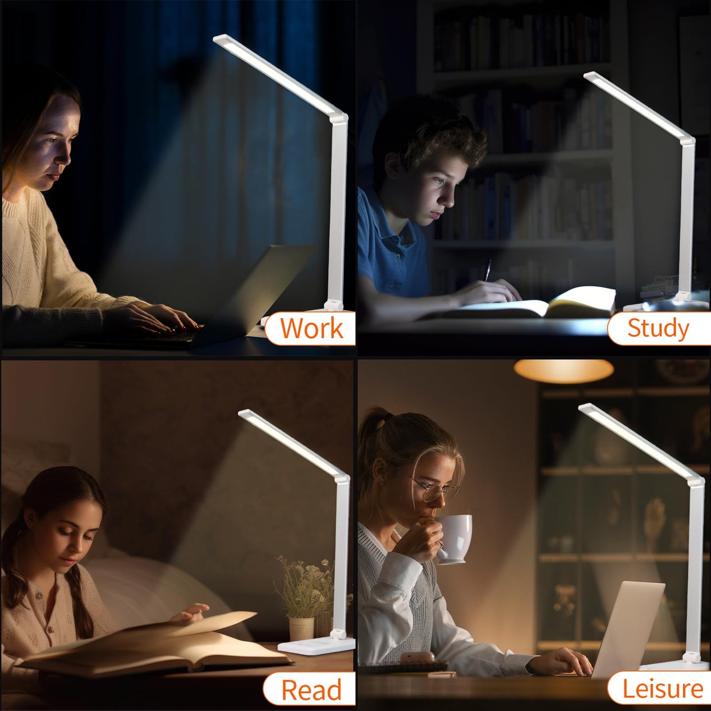 LQWELL® LED Schreibtischlampe Dimmbar Metallmaterial, 5 Farben und 10 Helligkeitsstufen, Augenfreundliche Nachttischlampe mit USB-Aufladung, Touch-Steuerung und Memory-Funktion für Kinder, Büro