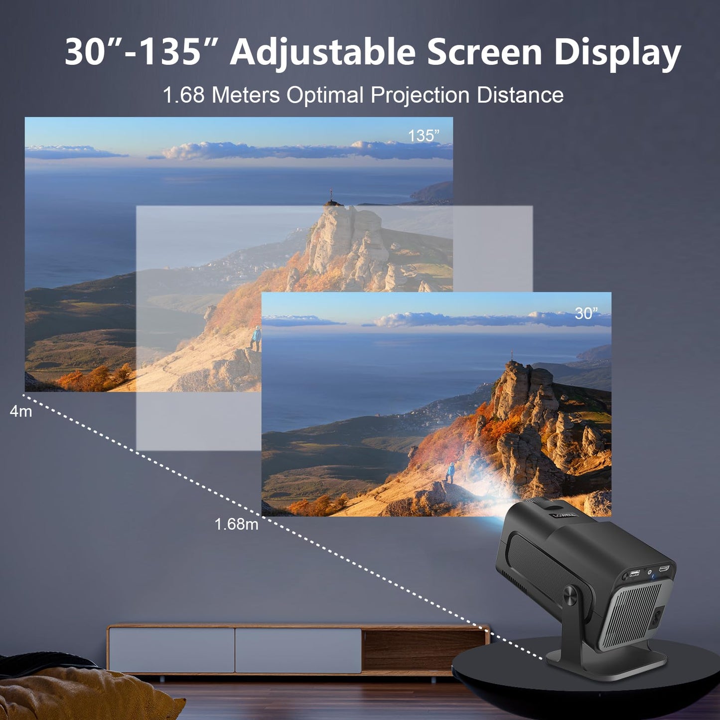LQWELL Beamer, Mini Projektor, Native 1080P 4K Heimkino Beamer unterstützt 5G WiFi, BT5.0 mit Android OS, Automatische Trapezkorrektur, 220-Grad-Winkel, 135-Zoll-Display für Phone/PC/Lap/Xbox/Stick