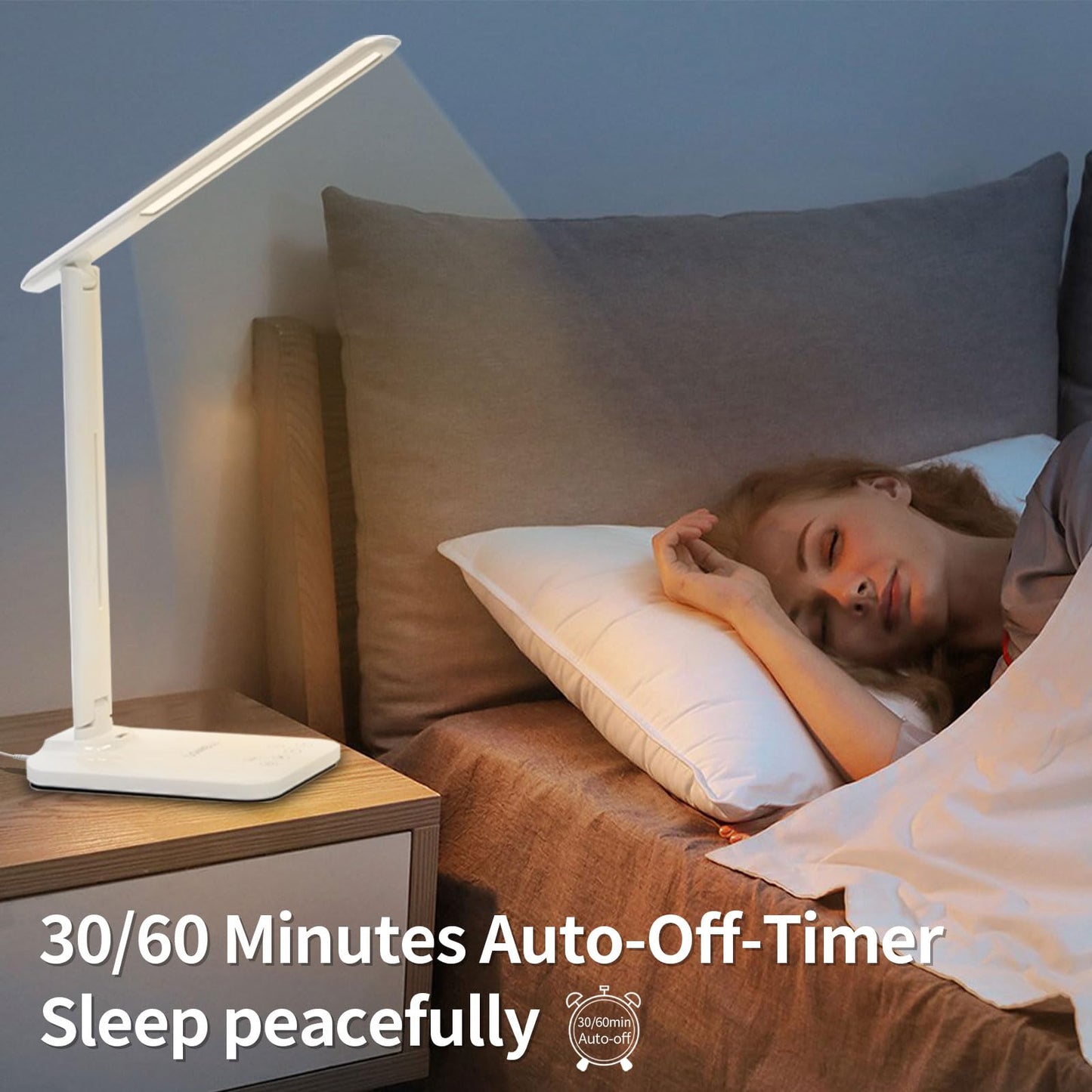 LQWELL® Desk Lamp LED, 3 Color Temperature Modes and 9 Brightness Levels Flicker-Free Eye Protection Bedside Lamp USB Charging Touch Control and Memory Function for Offices Bedrooms