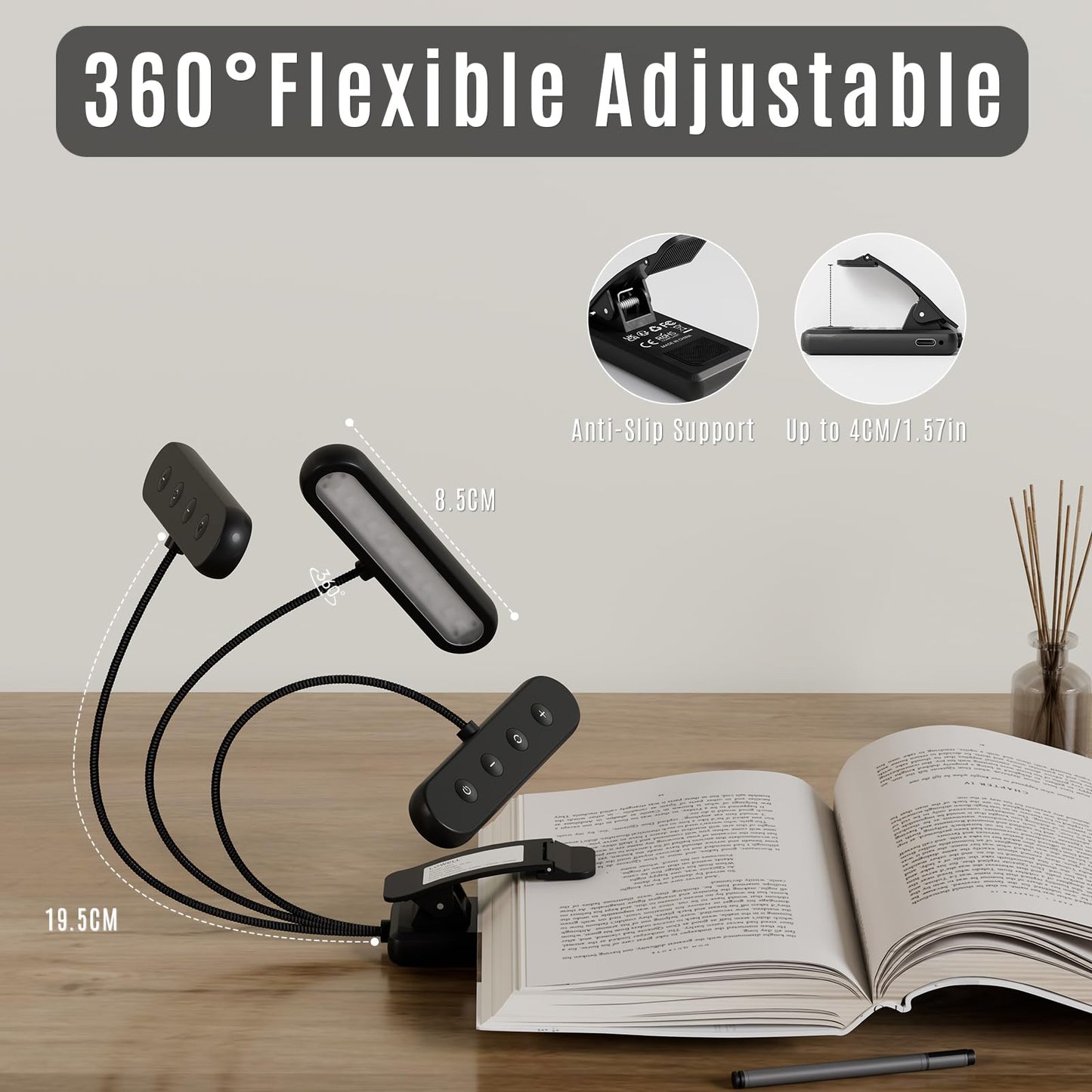 LQWELL®3× Nachttisch-Leselampe, wiederaufladbare USB-Leselampe, 3 Farbtemperaturen, 10 Helligkeitsstufen, stufenlos dimmbar, 360° flexibles Buchlicht für Kinder und Buchliebhaber (Schwarz, 3 Stück)
