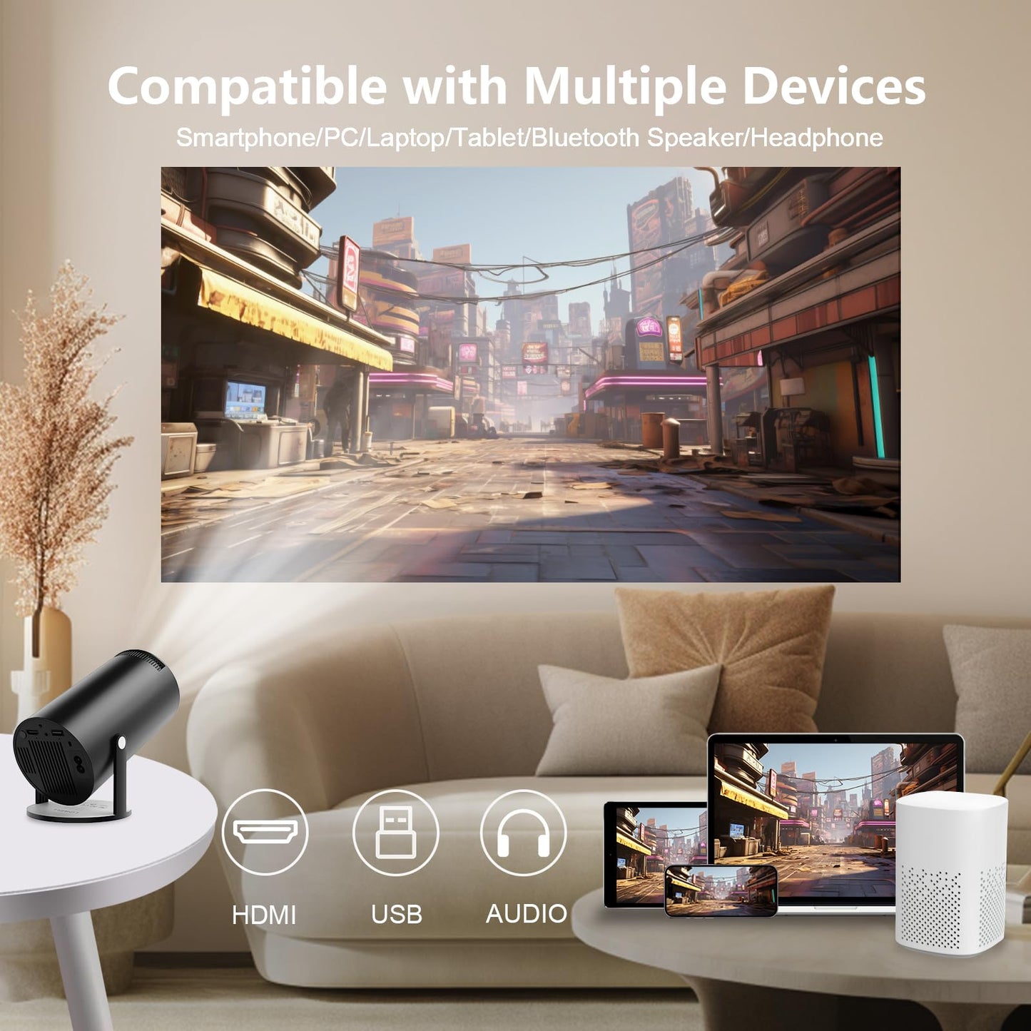 LQWELL® Beamer, Mini Projektor, unterstützt 5G WiFi, BT5.0 mit Android OS, Auto Trapezkorrektur, 220-Grad-Winkel, 130-Zoll-Display für Phone/PC/Xbox, 4K Heimkino, hdmi, Schwarz, 2024 Upgrade