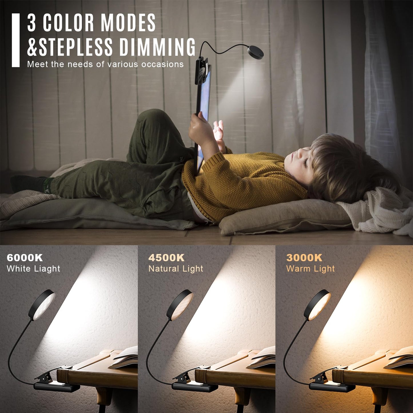 LQWELL®3× Nachttisch-Leselampe, wiederaufladbare USB-Leselampe, 3 Farbtemperaturen, 10 Helligkeitsstufen, stufenlos dimmbar, 360° flexibles Buchlicht für Kinder und Buchliebhaber (Schwarz, 3 Stück)