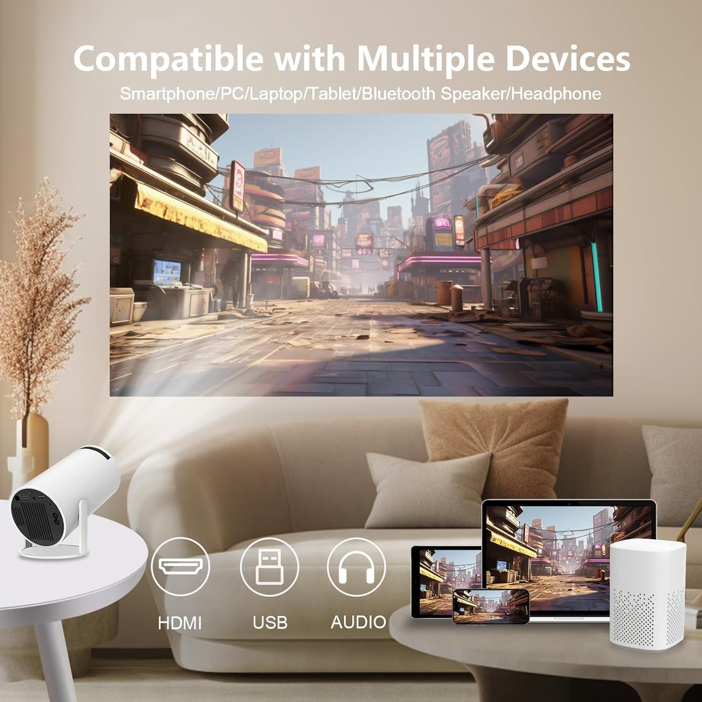 LQWELL HY300 PRO Mini Beamer + Solar Lichterkette Kombination, 4K 1080P Unterstützung, Android 11, kabellose Projektion, unterstützt Airplay Miracast, mit WiFi Bluetooth, tragbarer Projektor