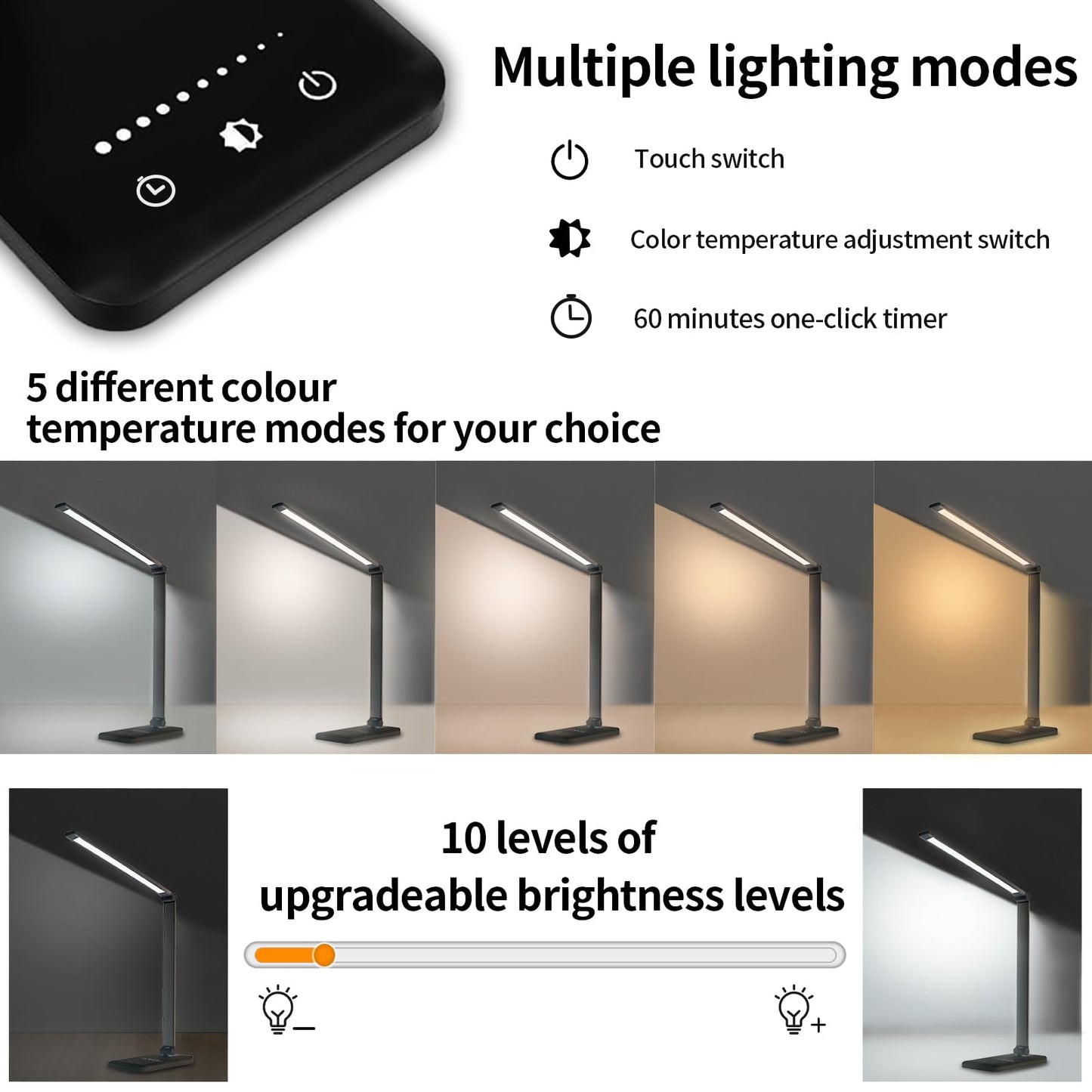 LQWELL® LED Schreibtischlampe Dimmbar Metallmaterial, 5 Farben und 10 Helligkeitsstufen, Augenfreundliche Nachttischlampe mit USB-Aufladung, Touch-Steuerung und Memory-Funktion für Kinder, Büro