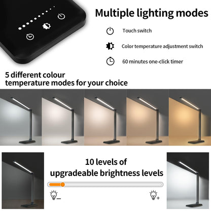LQWELL® LED Desk Lamp Dimmable Metal Material, 5 Colors and 10 Brightness Levels, Eye-Caring Bedside Lamp with USB Charging, Touch Control and Memory Function for Kids, Office