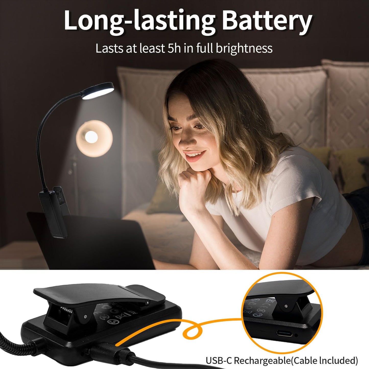 LQWELL® Nachttisch-Leselampe, wiederaufladbare USB-Leselampe, 3 Farbtemperaturen, 10 Helligkeitsstufen, stufenlos dimmbar, 360° flexibles Buchlicht für Kinder und Buchliebhaber (Schwarz, 1 Stück)