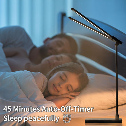 LQWELL® Dual Head Desk Lamp LED Dimmable, Dual Swing Arm LED Table Lamp 5 Colors and 10 Brightness Levels Eye-Caring Reading Lamp with USB Charging Touch Control & Memory Timer
