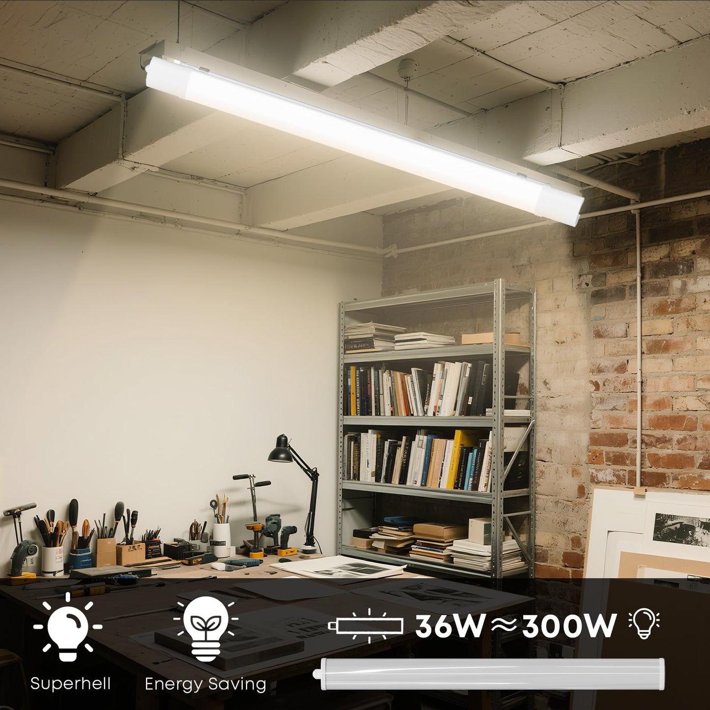 LQWELL LED Feuchtraumleuchte, LED Röhre 120x7x4.5cm IP65 Wasserfest, 36W 4050LM 4000K, Deckenleuchte Lange als Kellerleuchte, Wannenleuchte, Nassraumleuchte, Garagelampe, Werkstattlampe