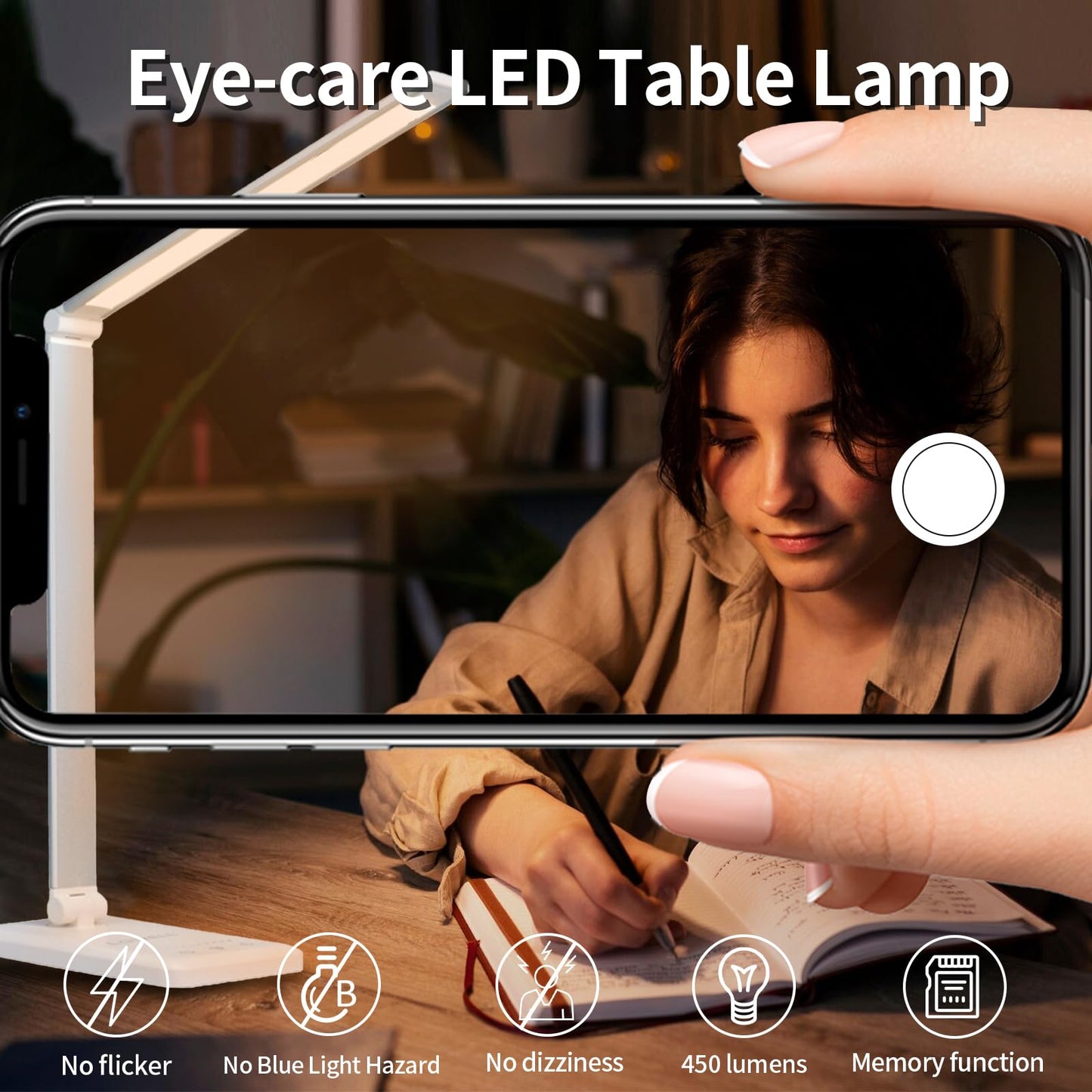 LQWELL® LED Schreibtischlampe Dimmbar Metallmaterial, 5 Farben und 10 Helligkeitsstufen, Augenfreundliche Nachttischlampe mit USB-Aufladung, Touch-Steuerung und Memory-Funktion für Kinder, Büro