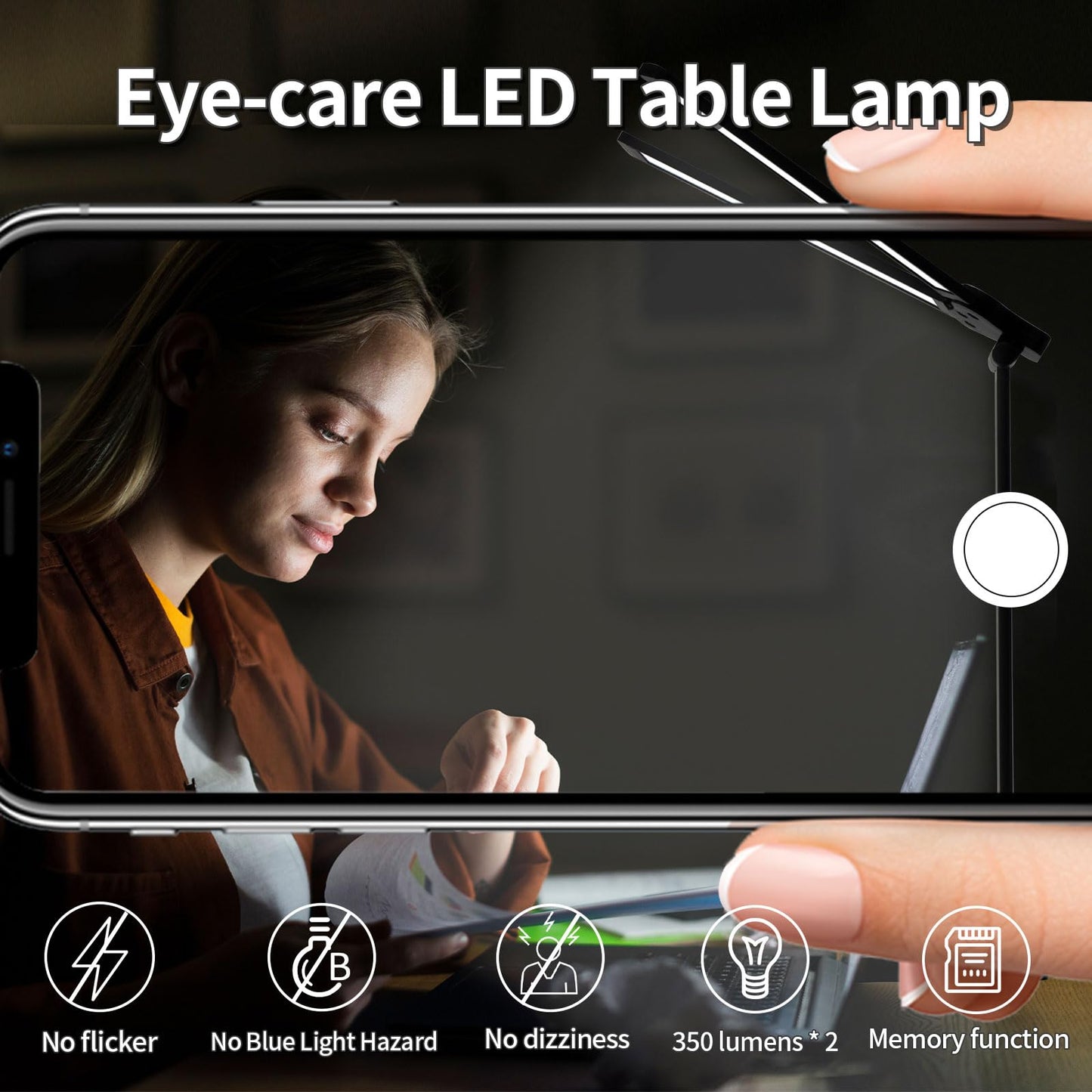 LQWELL® Doppelkopf-Schreibtischlampe LED Dimmbar, Doppelschwingarm-LED-Tischlampe 5 Farben und 10 Helligkeitsstufen Augenfreundliche Leselampe mit USB-Aufladung Touch-Steuerung & Memory Timer