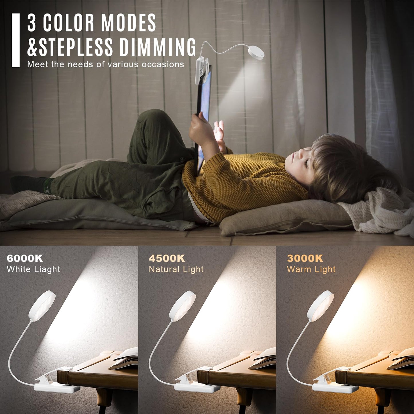 LQWELL® 1x Leselampe Buch Klemme im Bett, USB Wiederaufladbare Leselicht mit 3 Farbtemperaturen, 10 Helligkeitsstufen & Stufenloses Dimmen, 360° Flexibel Buchlampe für Kinder, Buchliebhaber, Weiss