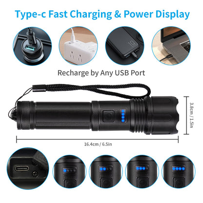 LQWELL® Taschenlampe LED USB C Aufladbar, Extrem Helle Zoombares Taktische Taschenlampen mit 5 Lichtmodi, Einstellbare Helligkeit, Wasserdichte Flashlight für Camping, Wandern, Outdoor, Notfäll