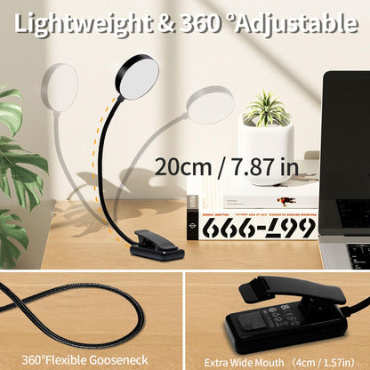 LQWELL® Nachttisch-Leselampe, wiederaufladbare USB-Leselampe, 3 Farbtemperaturen, 10 Helligkeitsstufen, stufenlos dimmbar, 360° flexibles Buchlicht für Kinder und Buchliebhaber (Schwarz, 1 Stück)