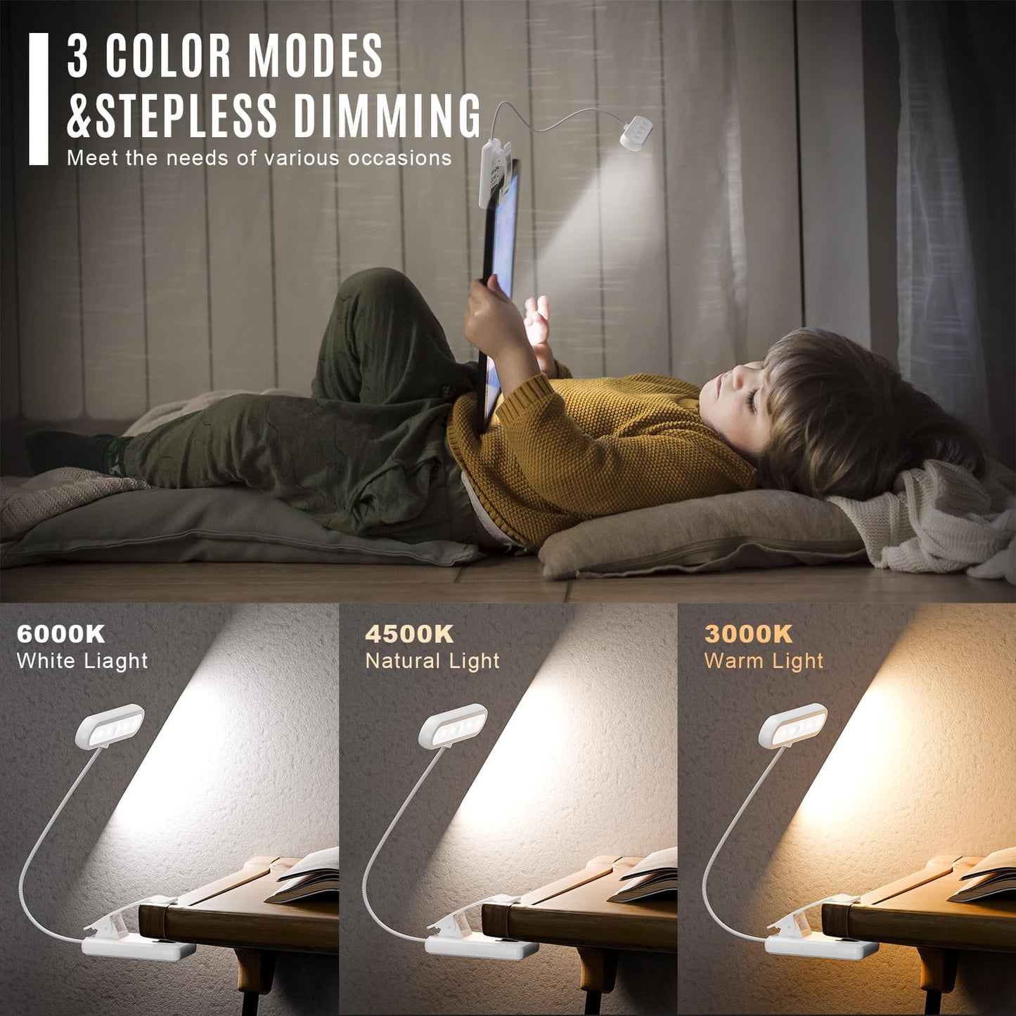 LQWELL®3× Nachttisch-Leselampe, wiederaufladbare USB-Leselampe, 3 Farbtemperaturen, 10 Helligkeitsstufen, stufenlos dimmbar, 360° flexibles Buchlicht für Kinder und Buchliebhaber (Weiß, 3 Stück)