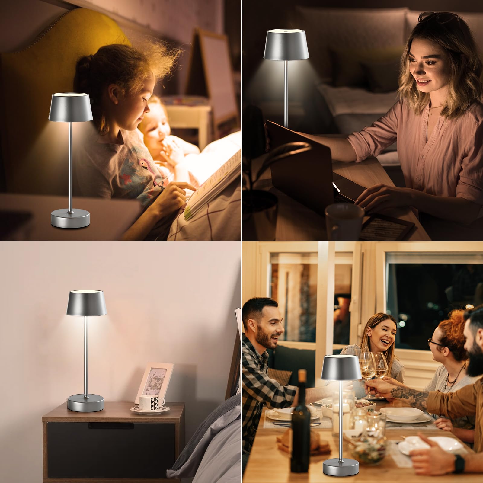 LQWELL® LED Tischlampe Kabellos Akku, Touch Tischleuchte Typ C USB Wiederaufladbar Nachttischlampe Lichtintensität einstellbar für Drinnen Wohnzimmer Schlafzimmer Abendessen Hotel Bar Restaurant